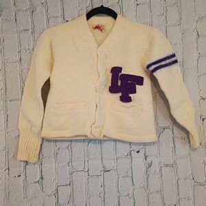 Vintage Stadium Shaker Sweater Co XS Wool Varsity Cardigan CreamPurple Letterman